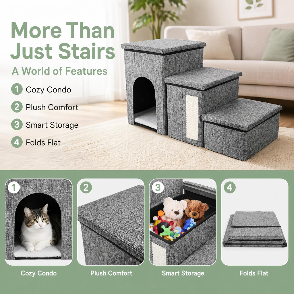 3 Tiers Foldable Dog Stairs with Storage K93789