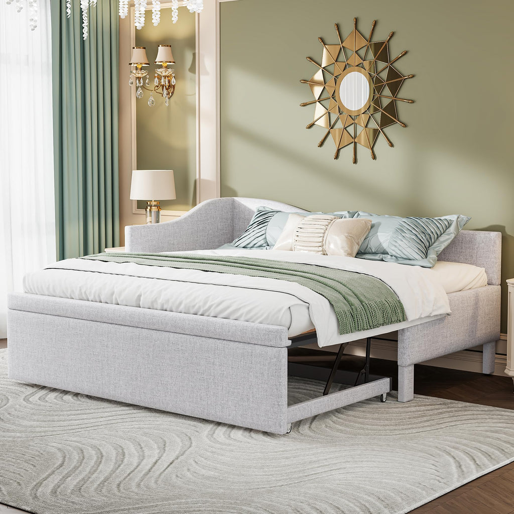 Twin Size Linen Upholstered Daybed with Pop up Trundle T8180