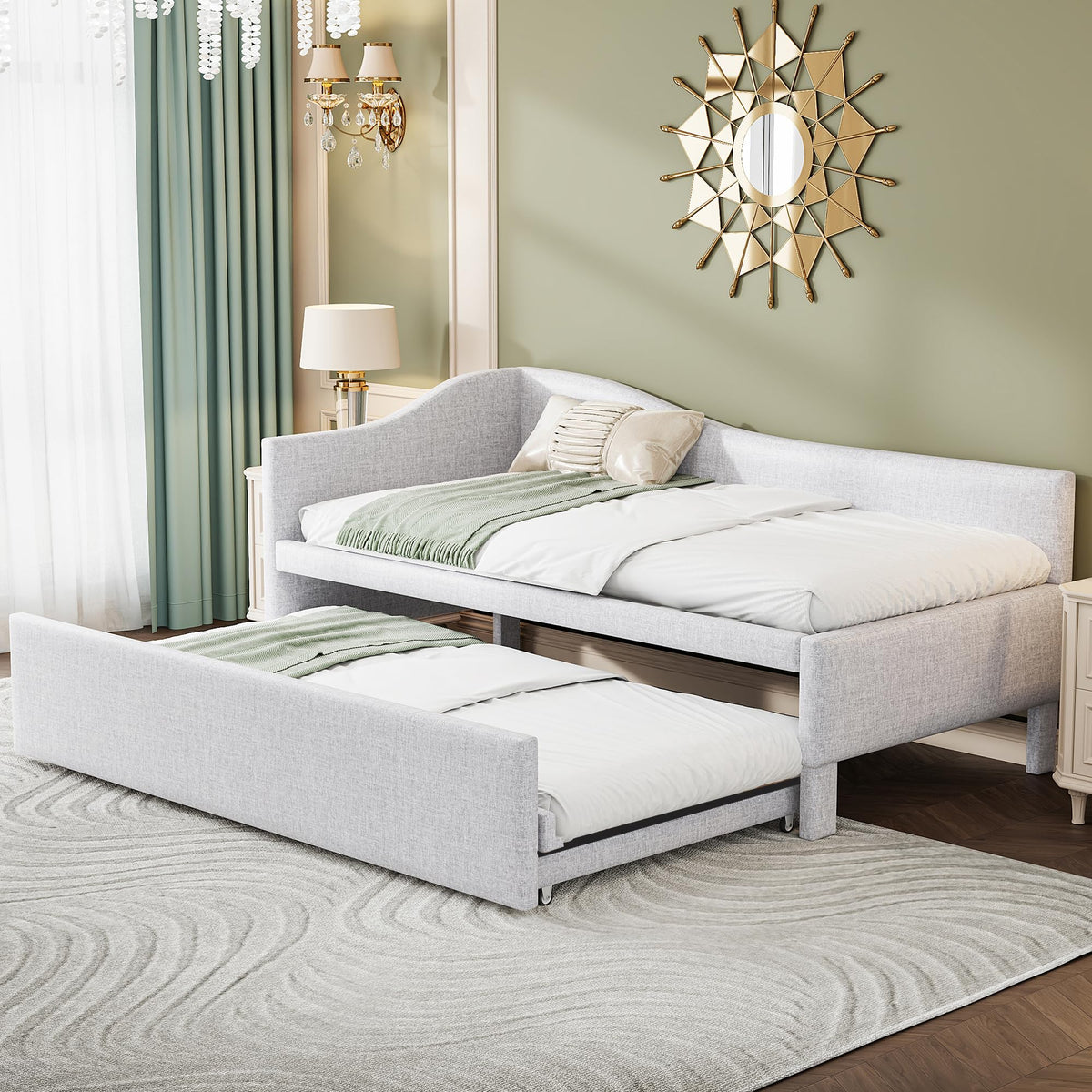Twin Size Linen Upholstered Daybed with Pop up Trundle T8180