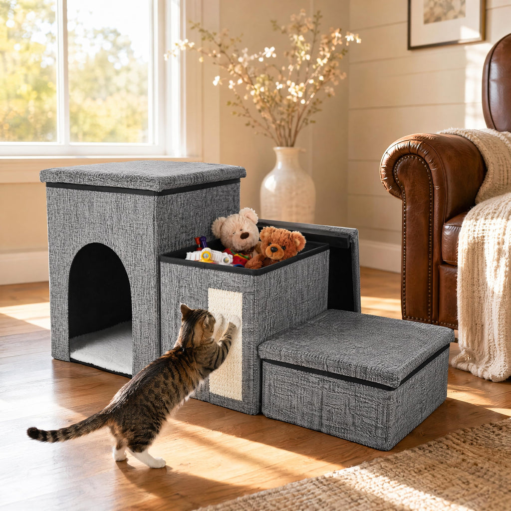3 Tiers Foldable Dog Stairs with Storage K93789